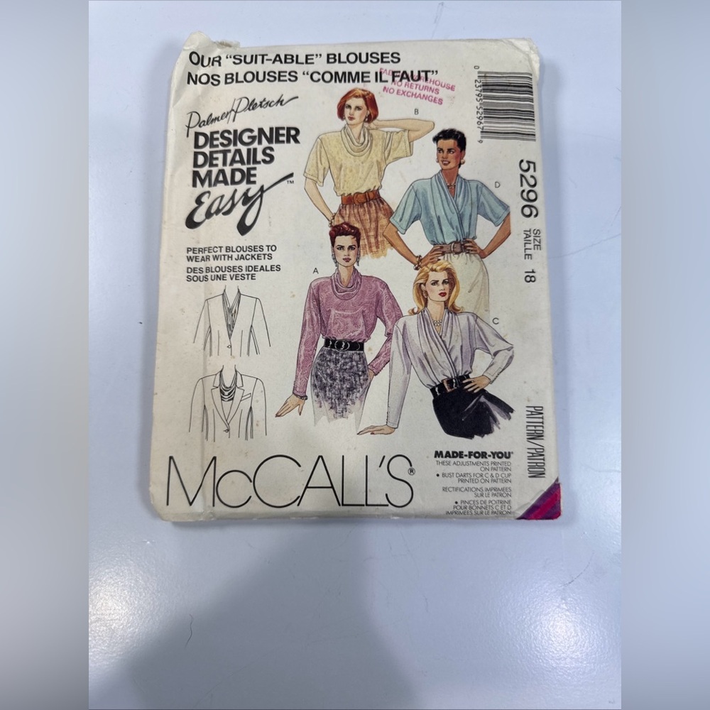 McCalls Sewing Pattern 5296‎ Suit-able Blouses VTG 90s Palmer Easy Size 18 Uncut